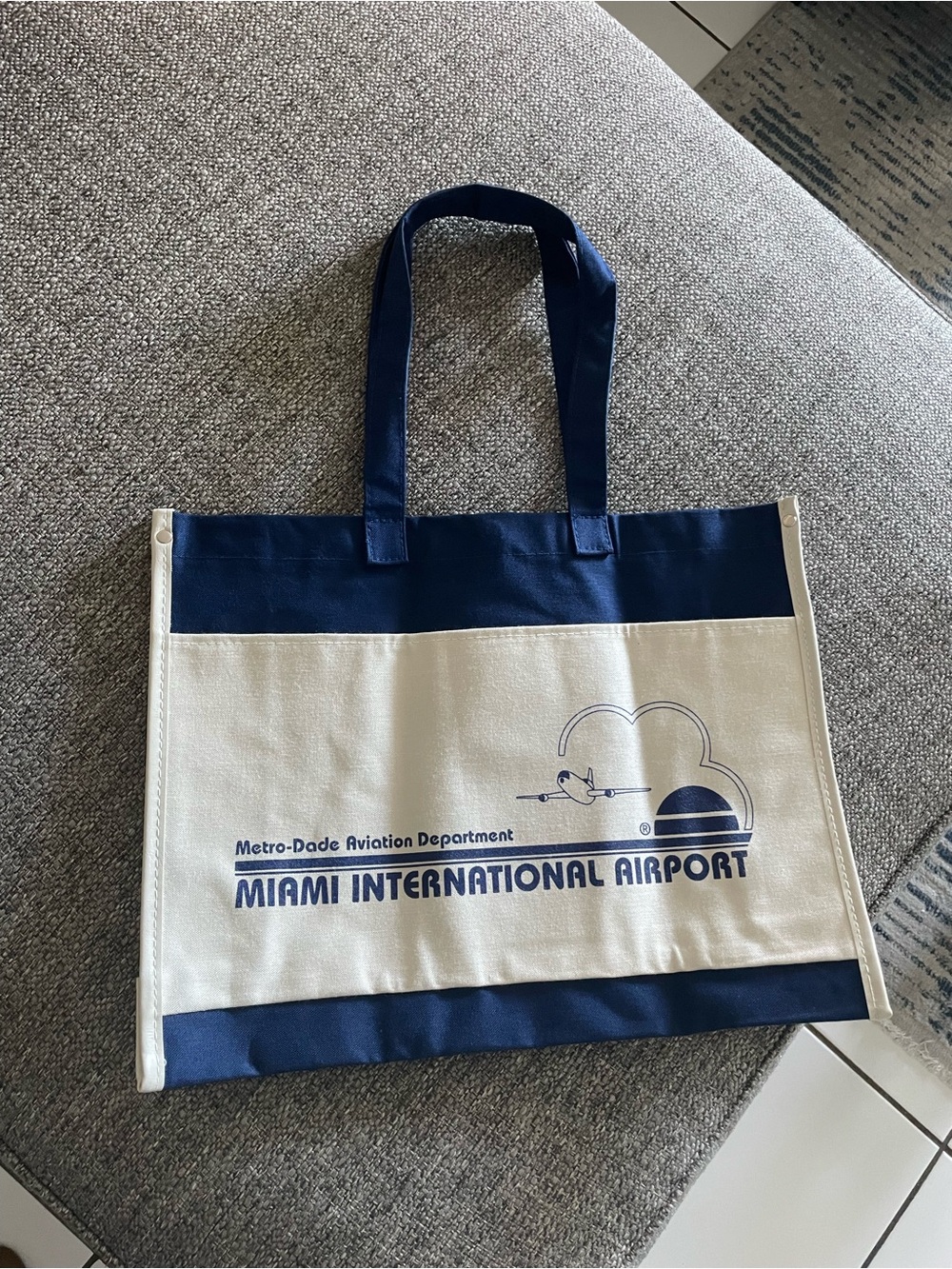 Vintage Miami International Airport Canvas Tote Bag - Navy & Cream